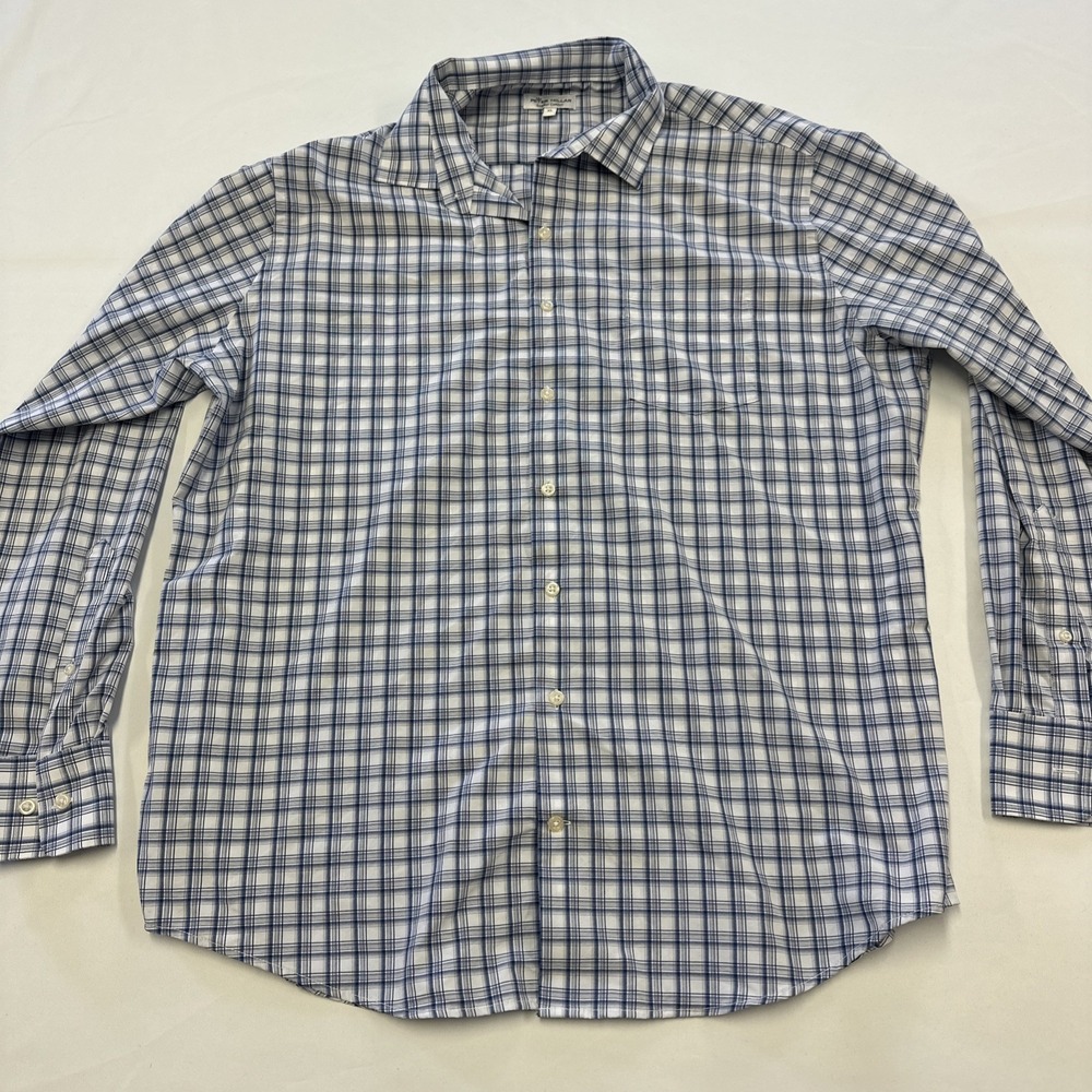 Peter Millar Summer Comfort Mens XL Dress Button Shirt White Blue Plaid
